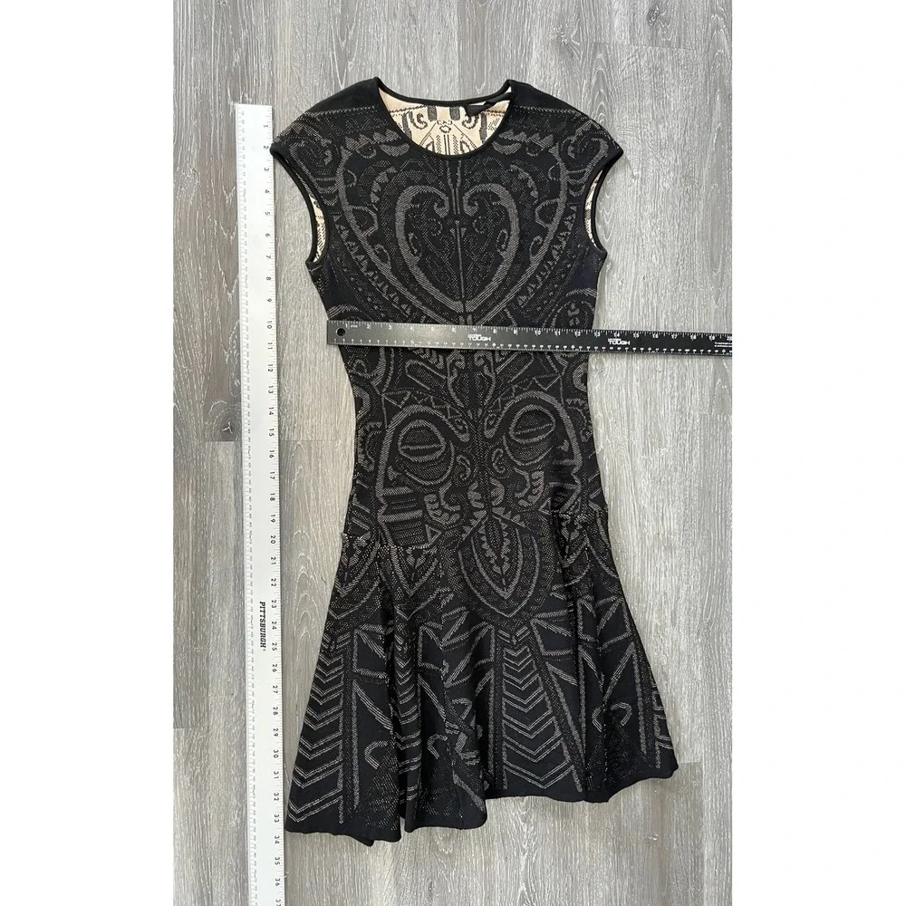 RVN Black Intricate Jacquard Knit Cap Sleeve Fit and Flare Mini Dress Size Small